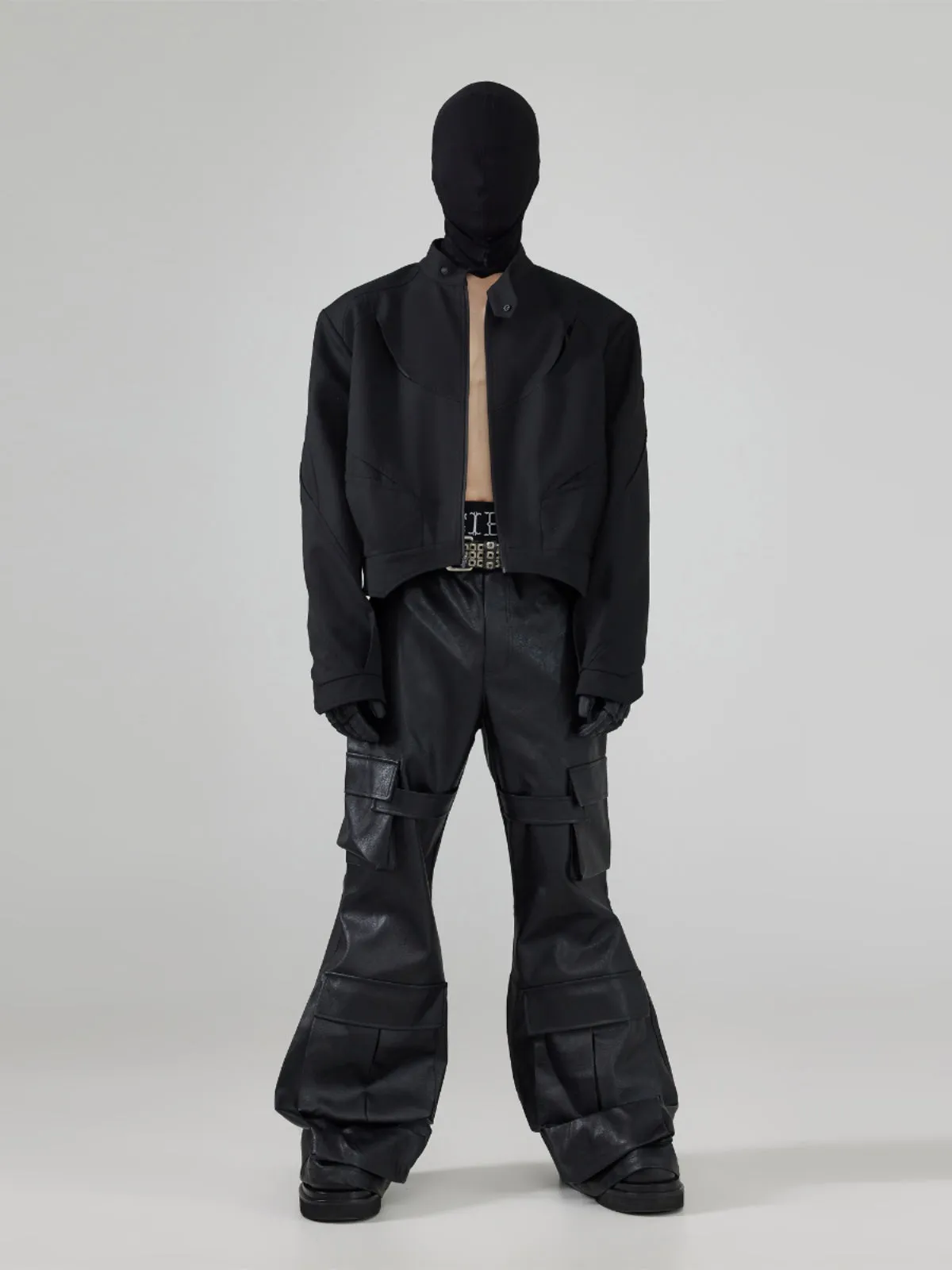 Multi-pocket loose leather pants