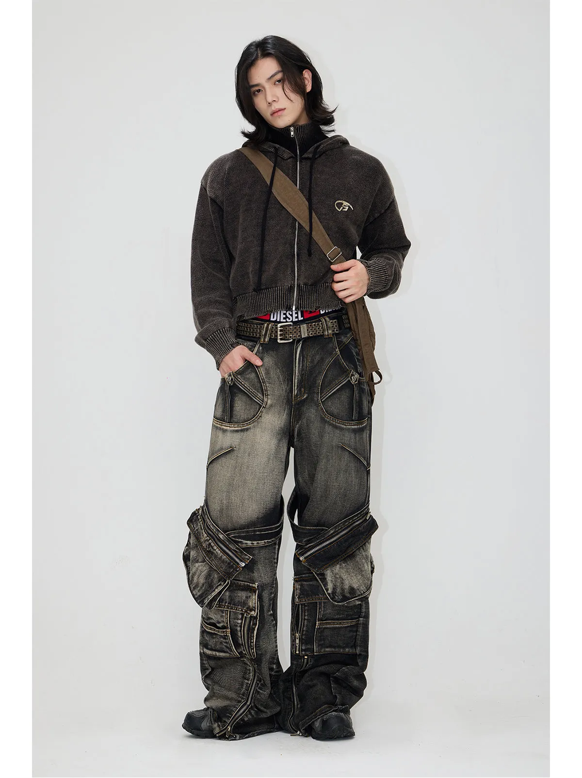 Multi-pocket washed denim pants