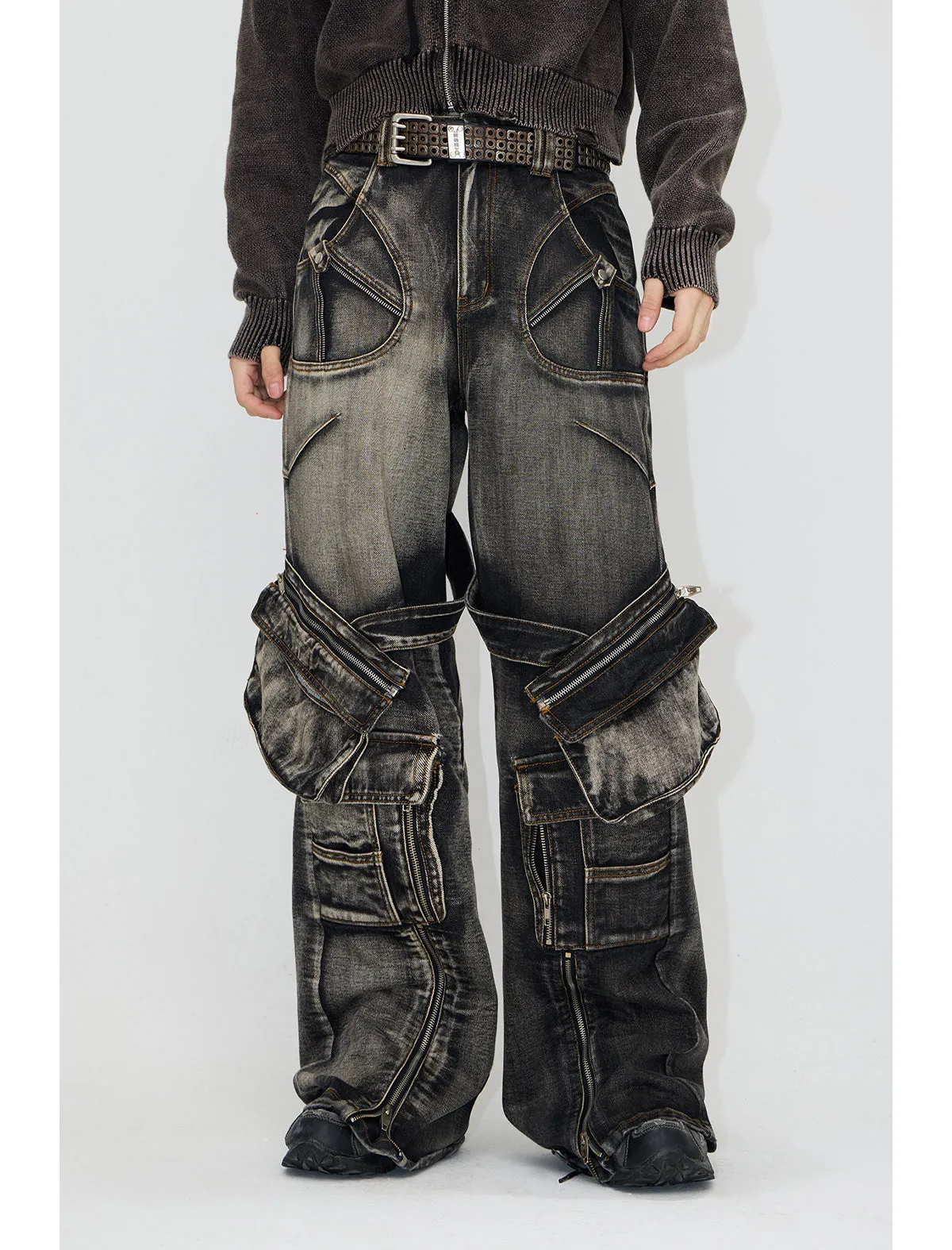 Multi-pocket washed denim pants