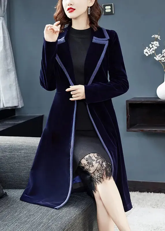 Natural Navy Peter Pan Collar Button Patchwork Velour Trench Coat Fall ML0892