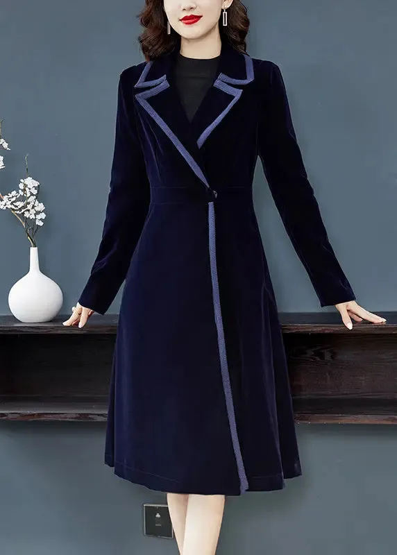 Natural Navy Peter Pan Collar Button Patchwork Velour Trench Coat Fall ML0892