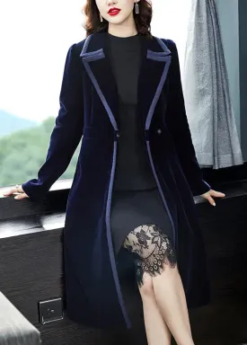 Natural Navy Peter Pan Collar Button Patchwork Velour Trench Coat Fall ML0892