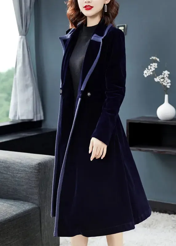 Natural Navy Peter Pan Collar Button Patchwork Velour Trench Coat Fall ML0892