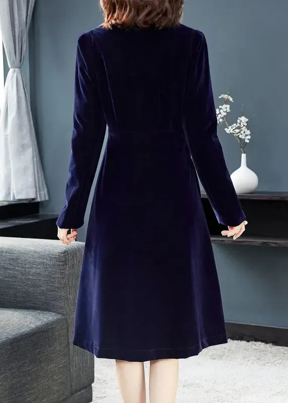 Natural Navy Peter Pan Collar Button Patchwork Velour Trench Coat Fall ML0892