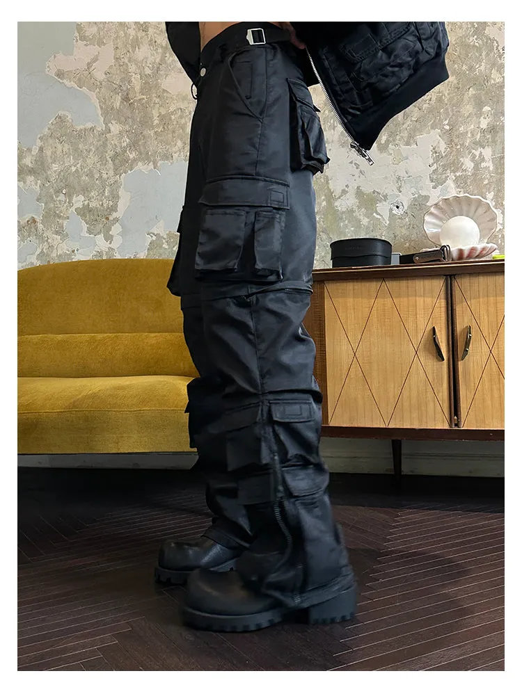Nylon satin multi-pocket 2in1 cargo pants