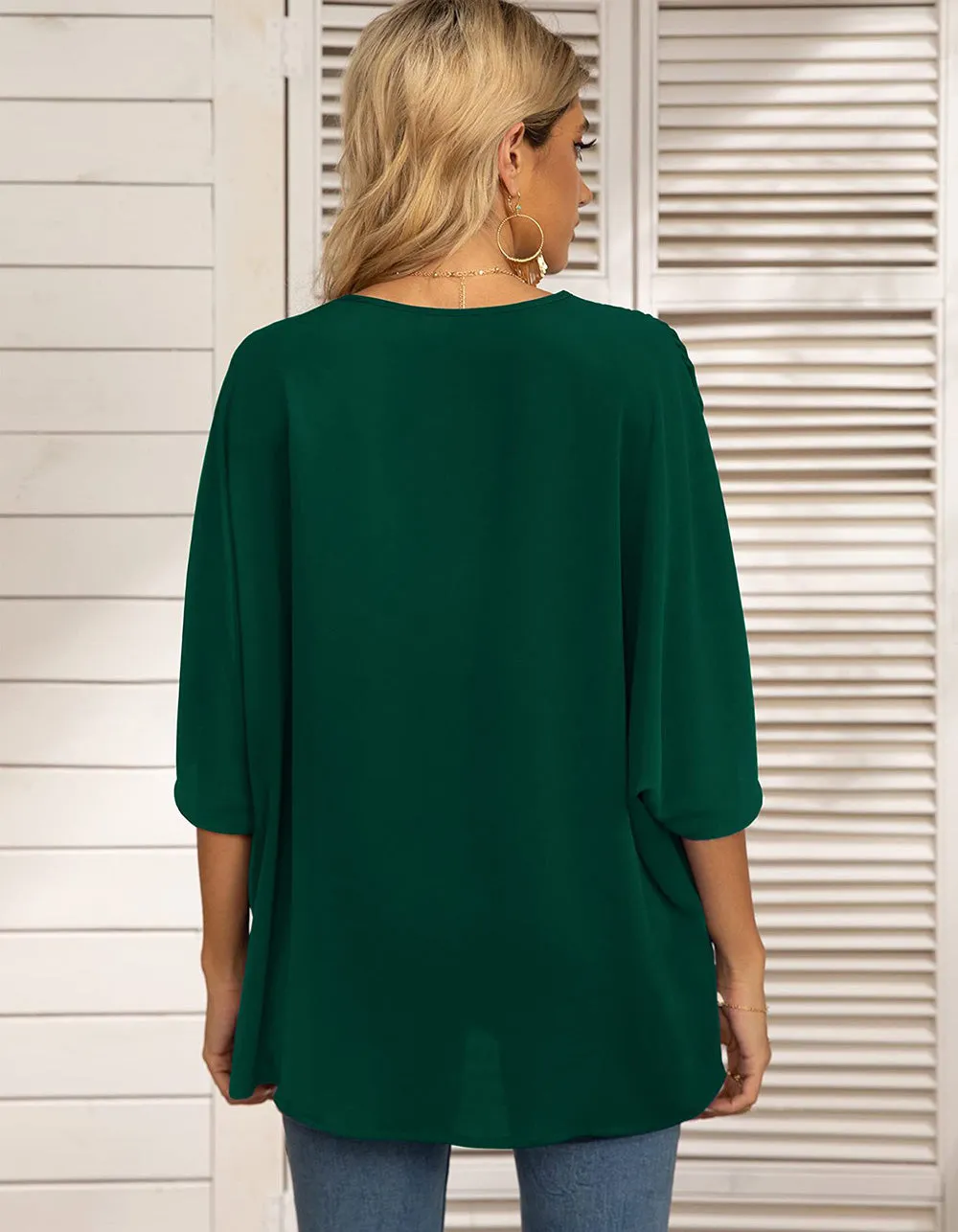 Plain Batwing Sleeve Chiffon V Neck Short Sleeve Shirt