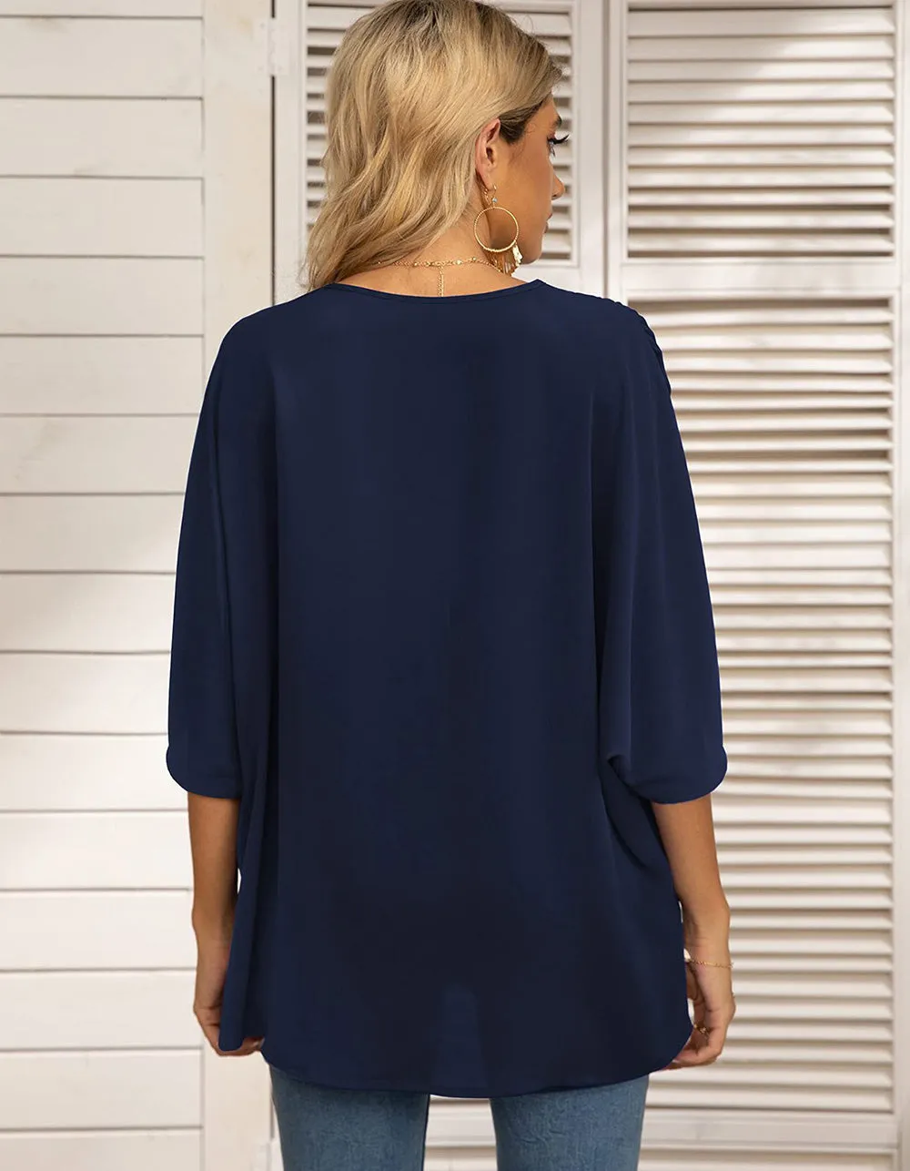 Plain Batwing Sleeve Chiffon V Neck Short Sleeve Shirt