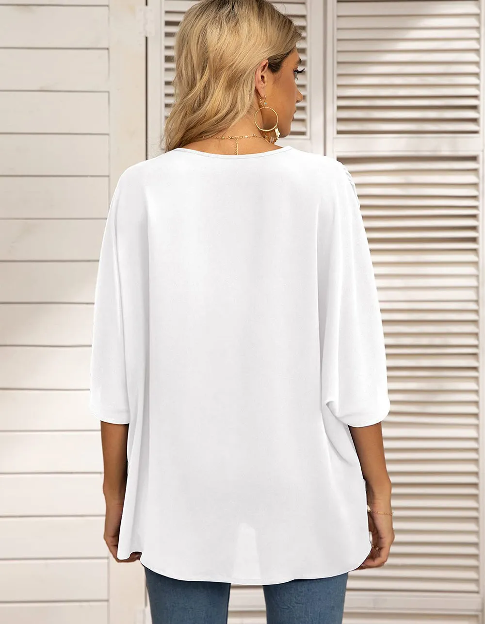 Plain Batwing Sleeve Chiffon V Neck Short Sleeve Shirt