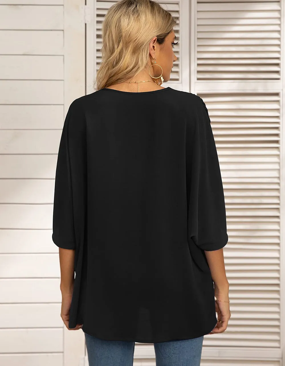 Plain Batwing Sleeve Chiffon V Neck Short Sleeve Shirt