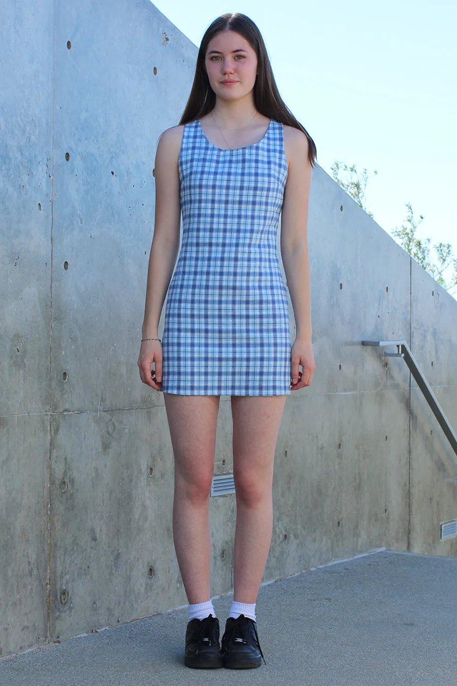 Round Neck Dress - Flannel Blue Plaid