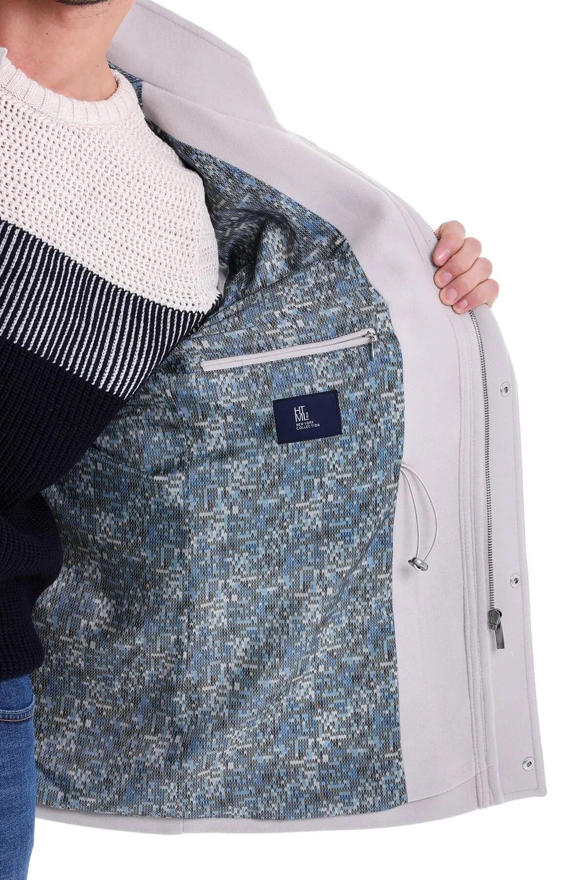Slim Fit Cachet Stand Collar Stone Hooded Coat