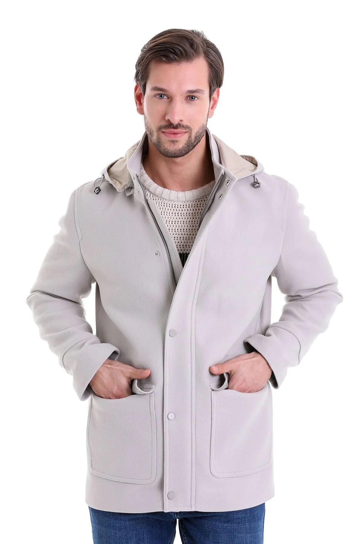Slim Fit Cachet Stand Collar Stone Hooded Coat