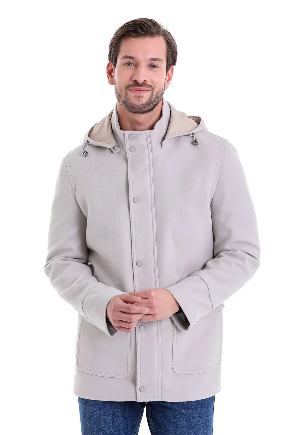 Slim Fit Cachet Stand Collar Stone Hooded Coat