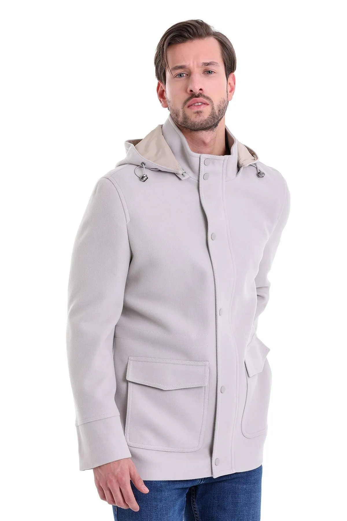 Slim Fit Cachet Stand Collar Stone Hooded Coat