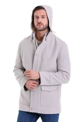 Slim Fit Cachet Stand Collar Stone Hooded Coat