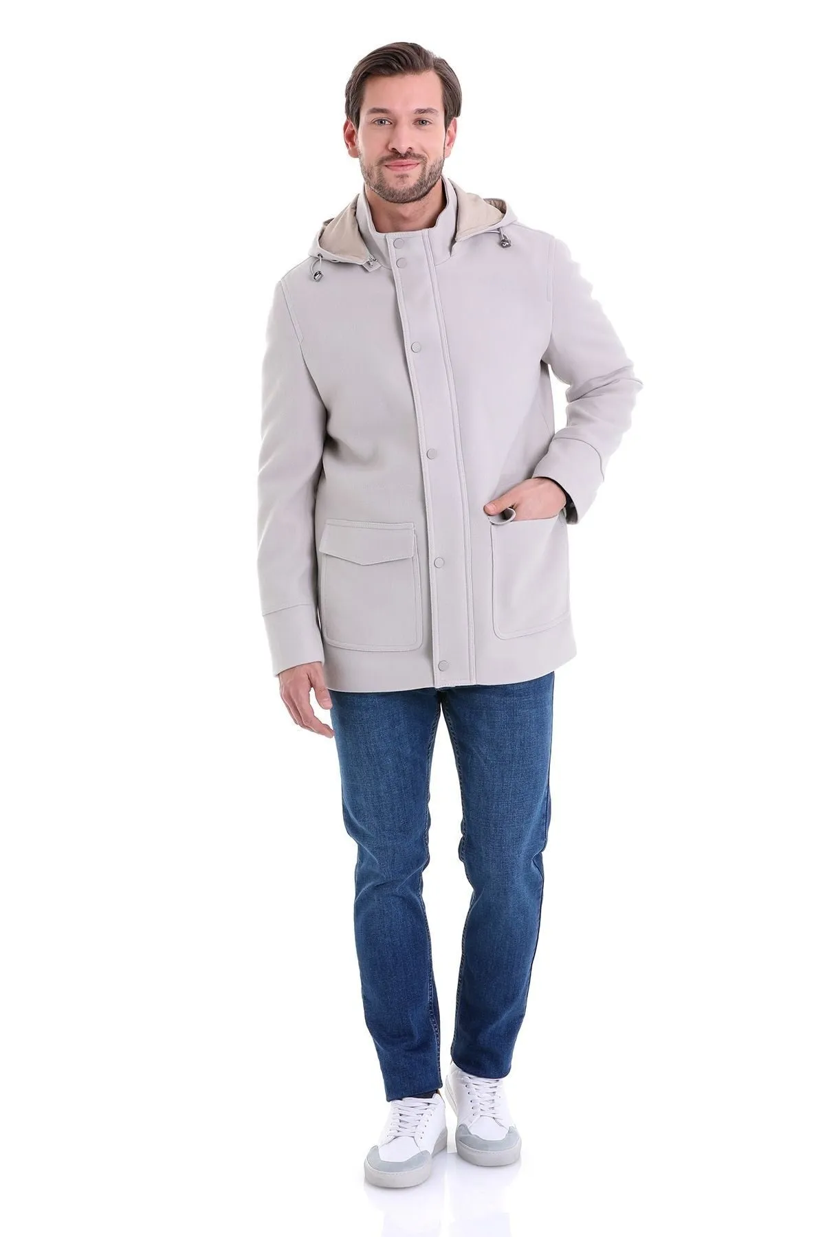 Slim Fit Cachet Stand Collar Stone Hooded Coat