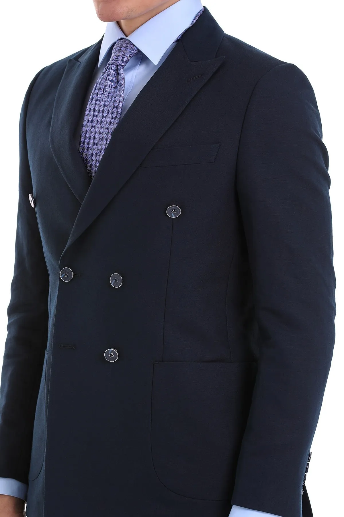 Slim Fit Double Breasted Navy Linen Casual Blazer