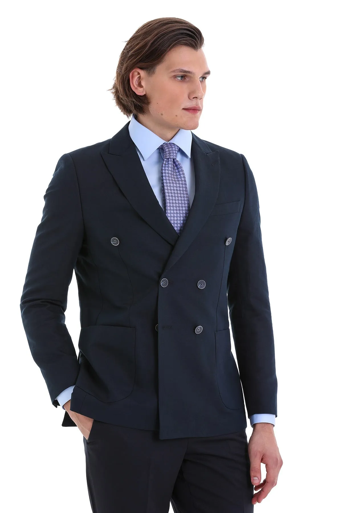 Slim Fit Double Breasted Navy Linen Casual Blazer