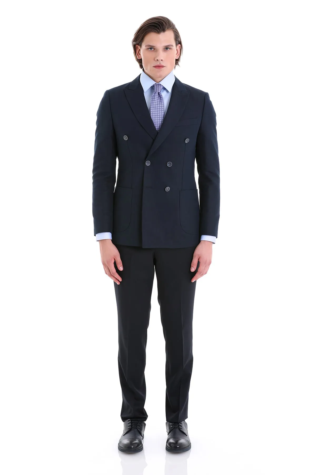 Slim Fit Double Breasted Navy Linen Casual Blazer
