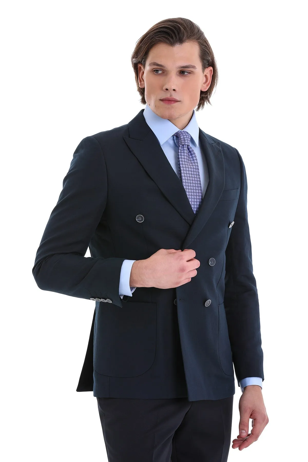 Slim Fit Double Breasted Navy Linen Casual Blazer