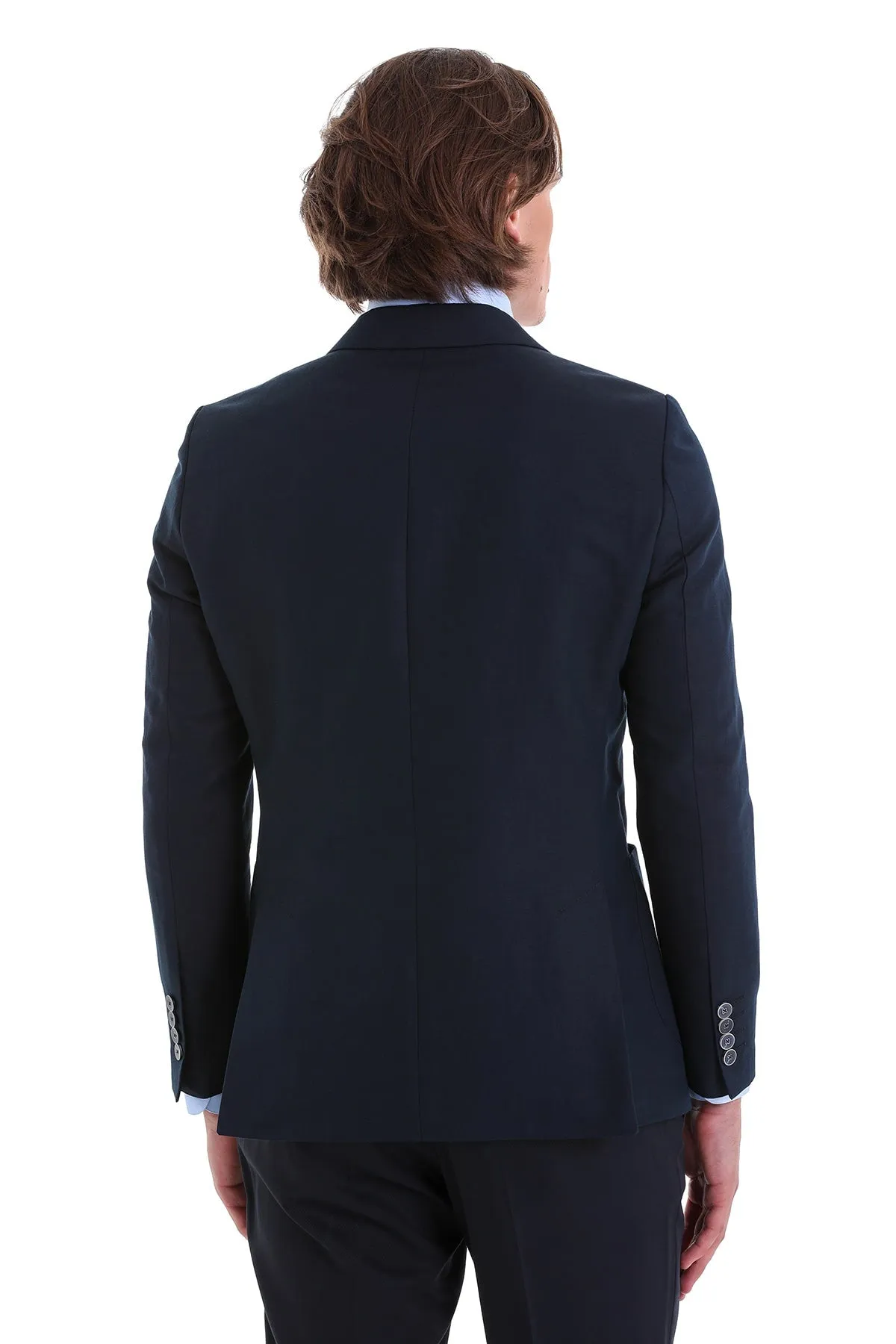 Slim Fit Double Breasted Navy Linen Casual Blazer