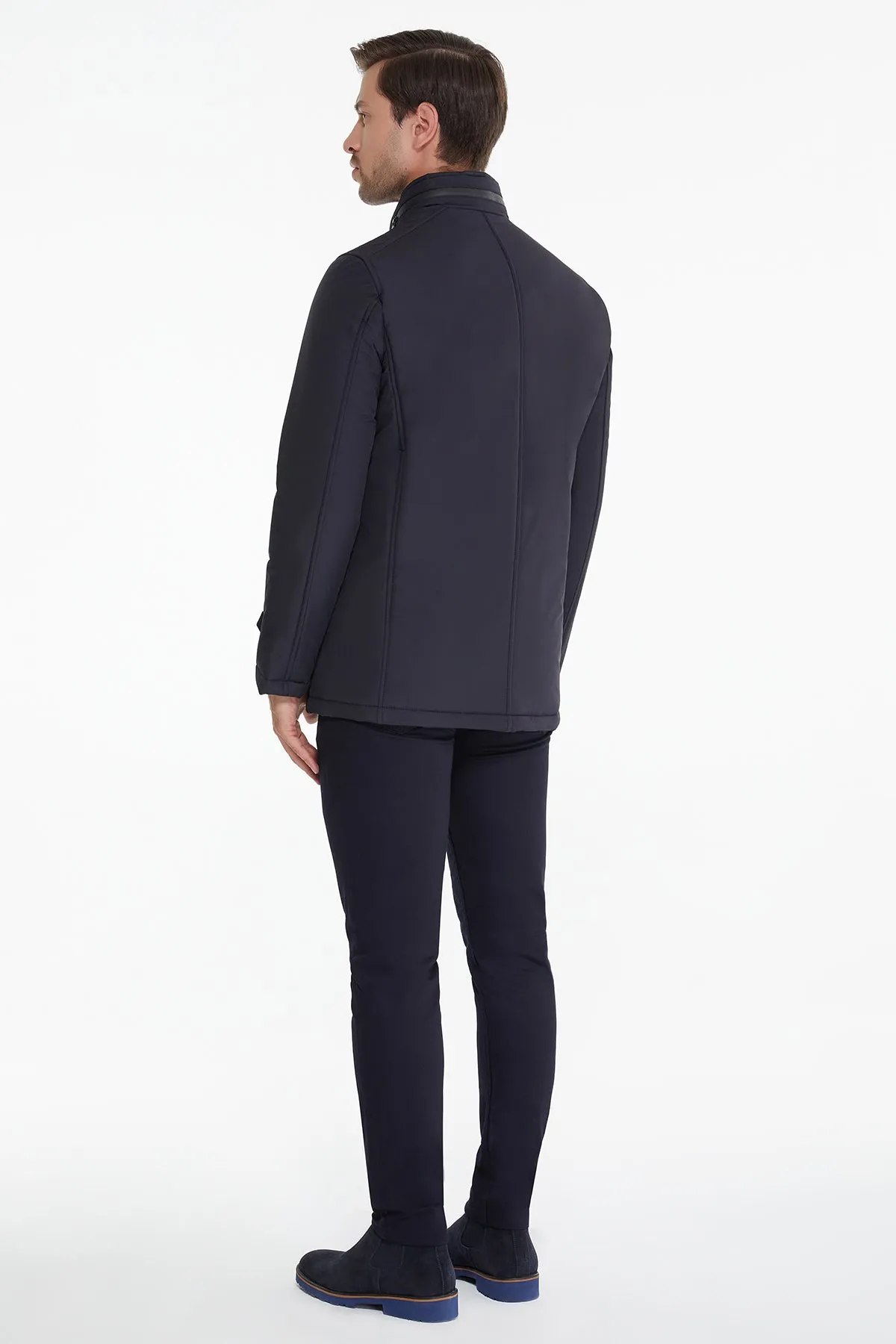 Slim Fit Navy Stand Collar Coat
