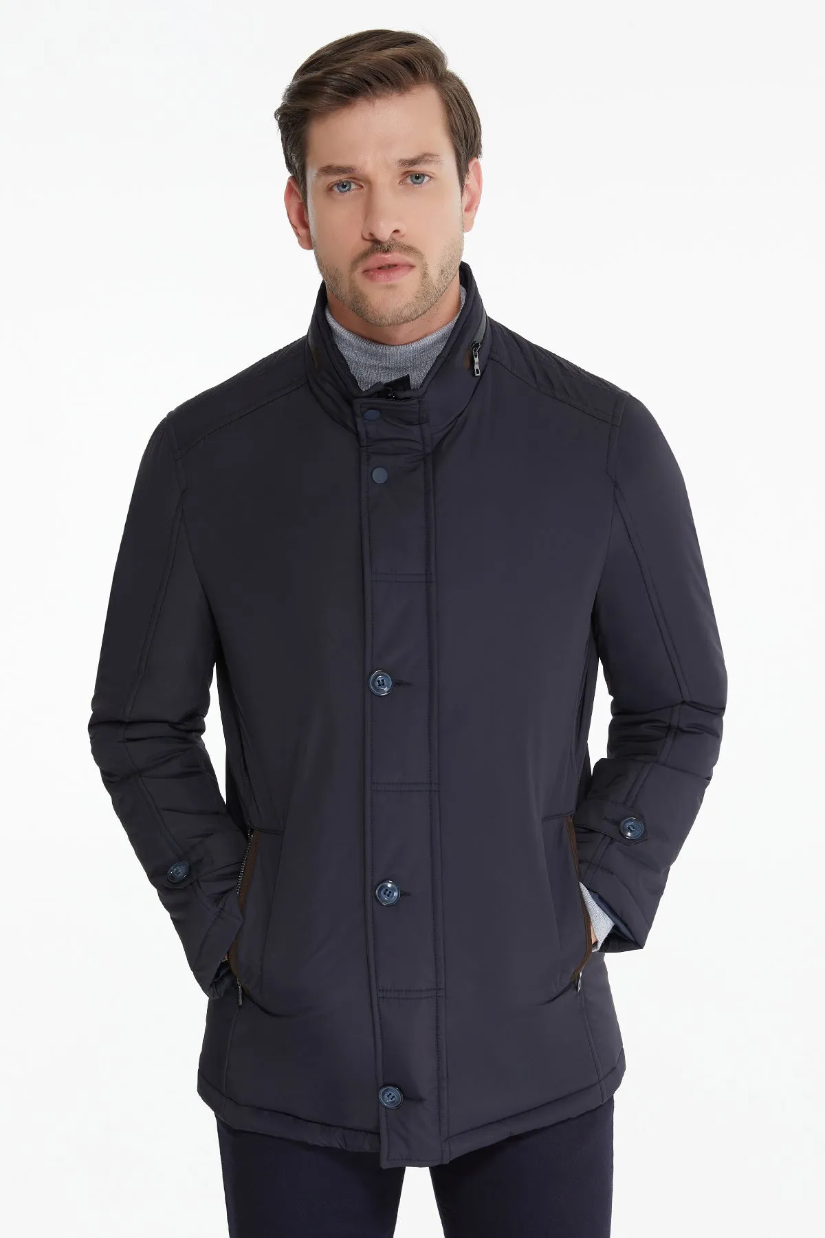 Slim Fit Navy Stand Collar Coat