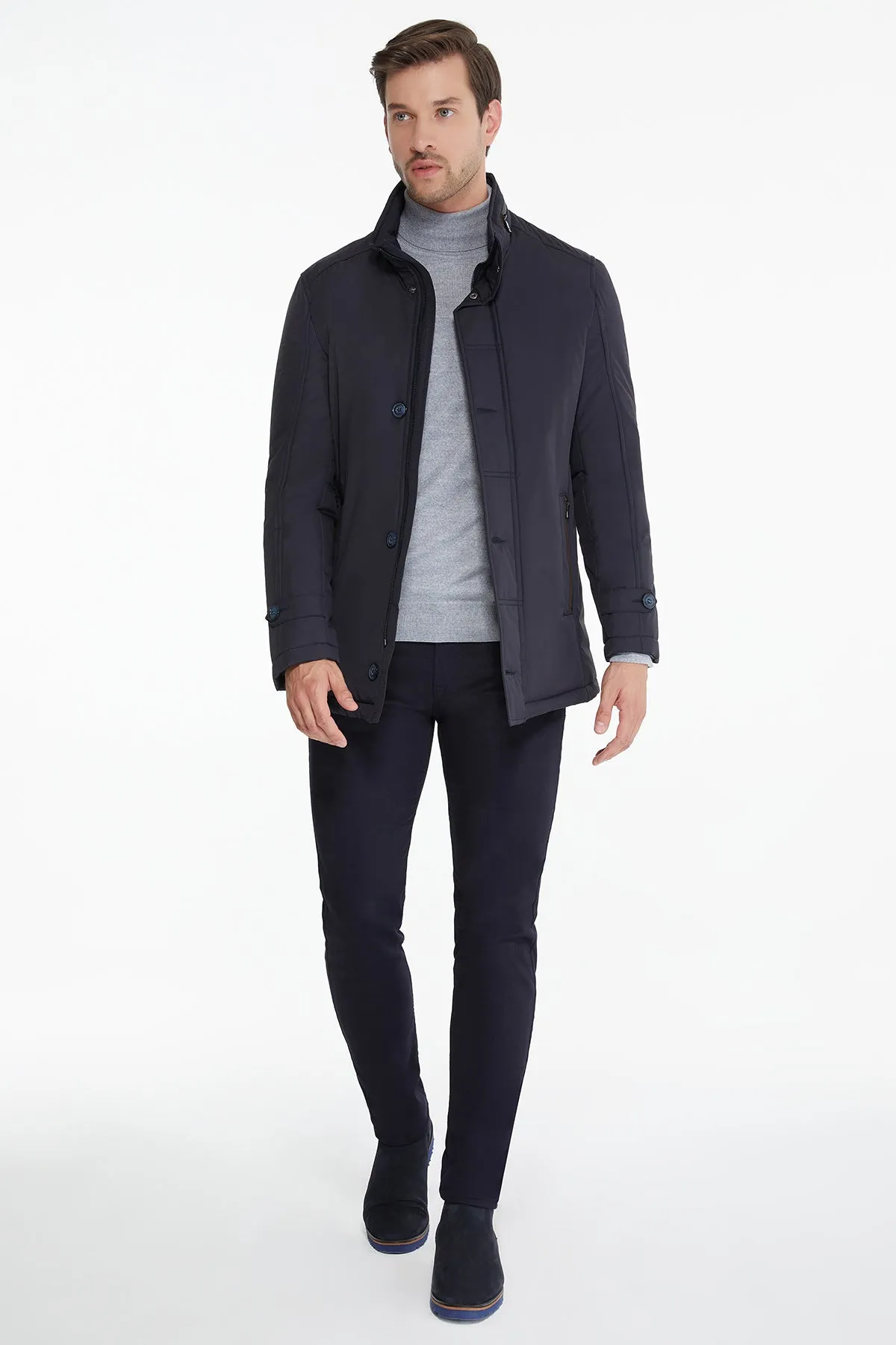 Slim Fit Navy Stand Collar Coat