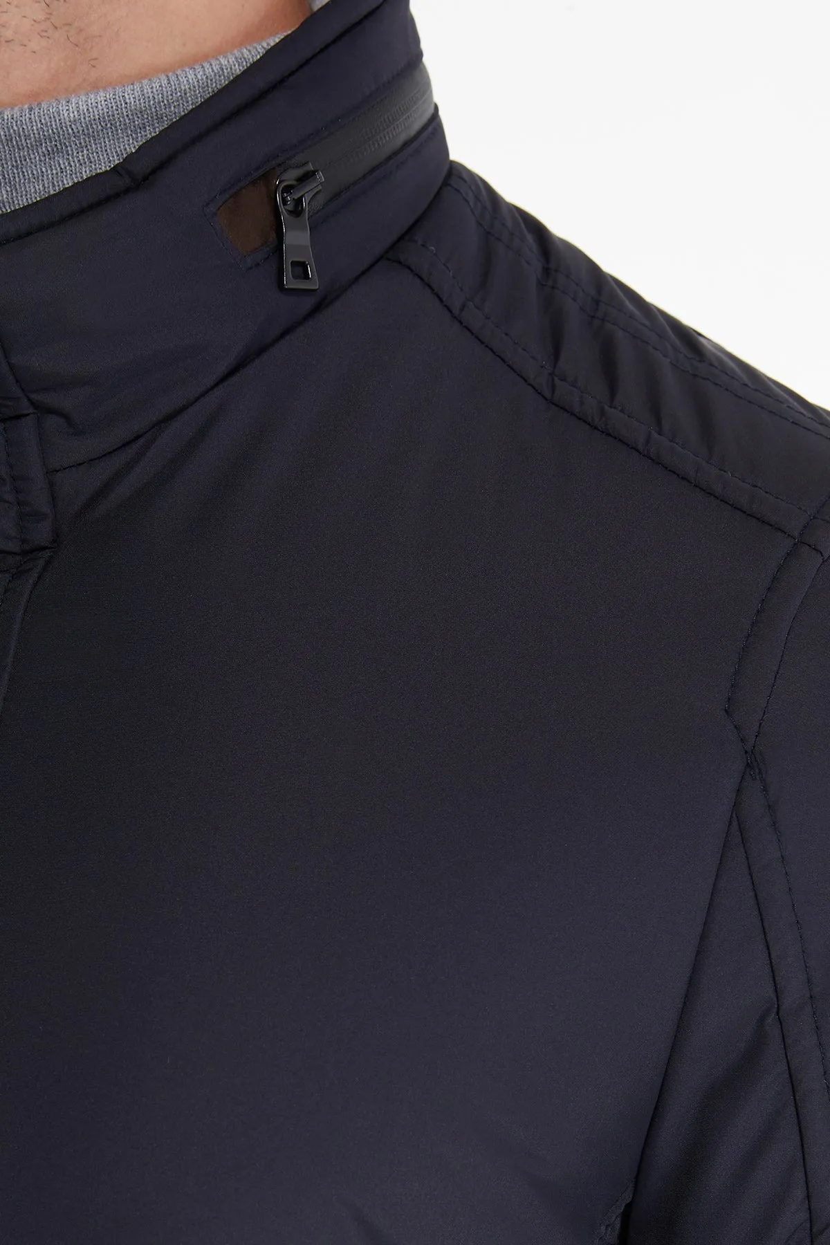 Slim Fit Navy Stand Collar Coat