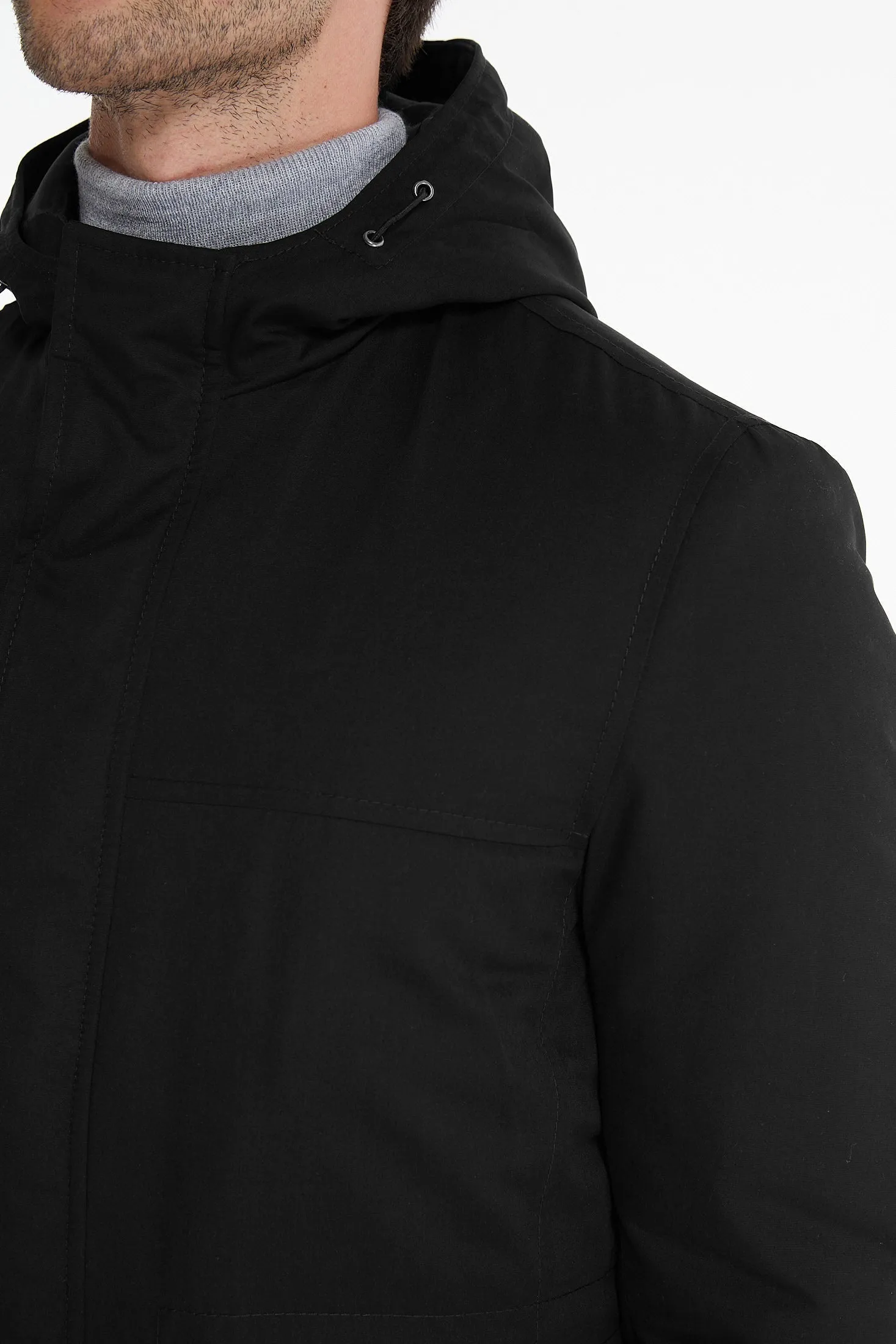 Slim Fit Stand Collar Hooded Black Coat