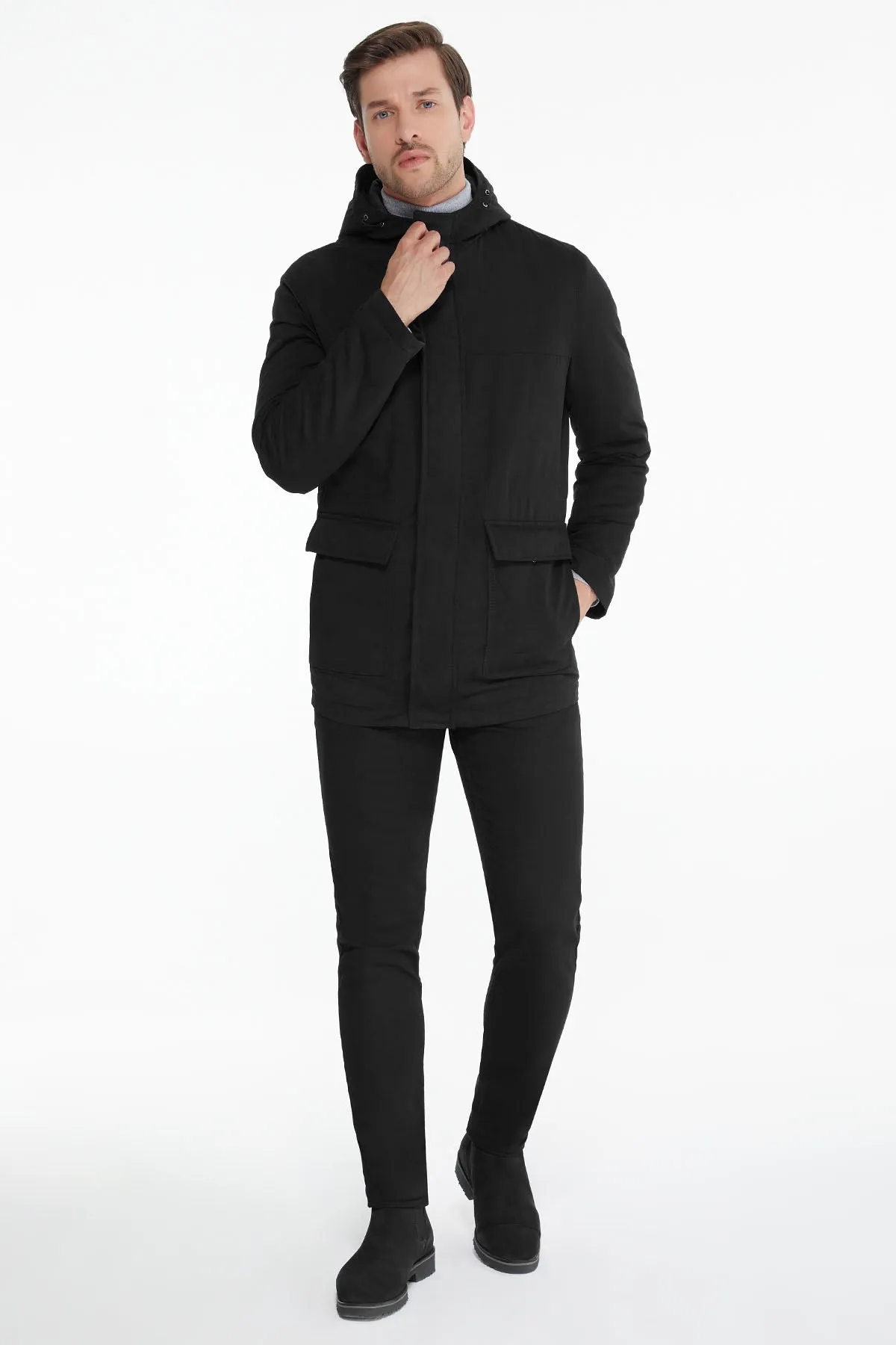 Slim Fit Stand Collar Hooded Black Coat