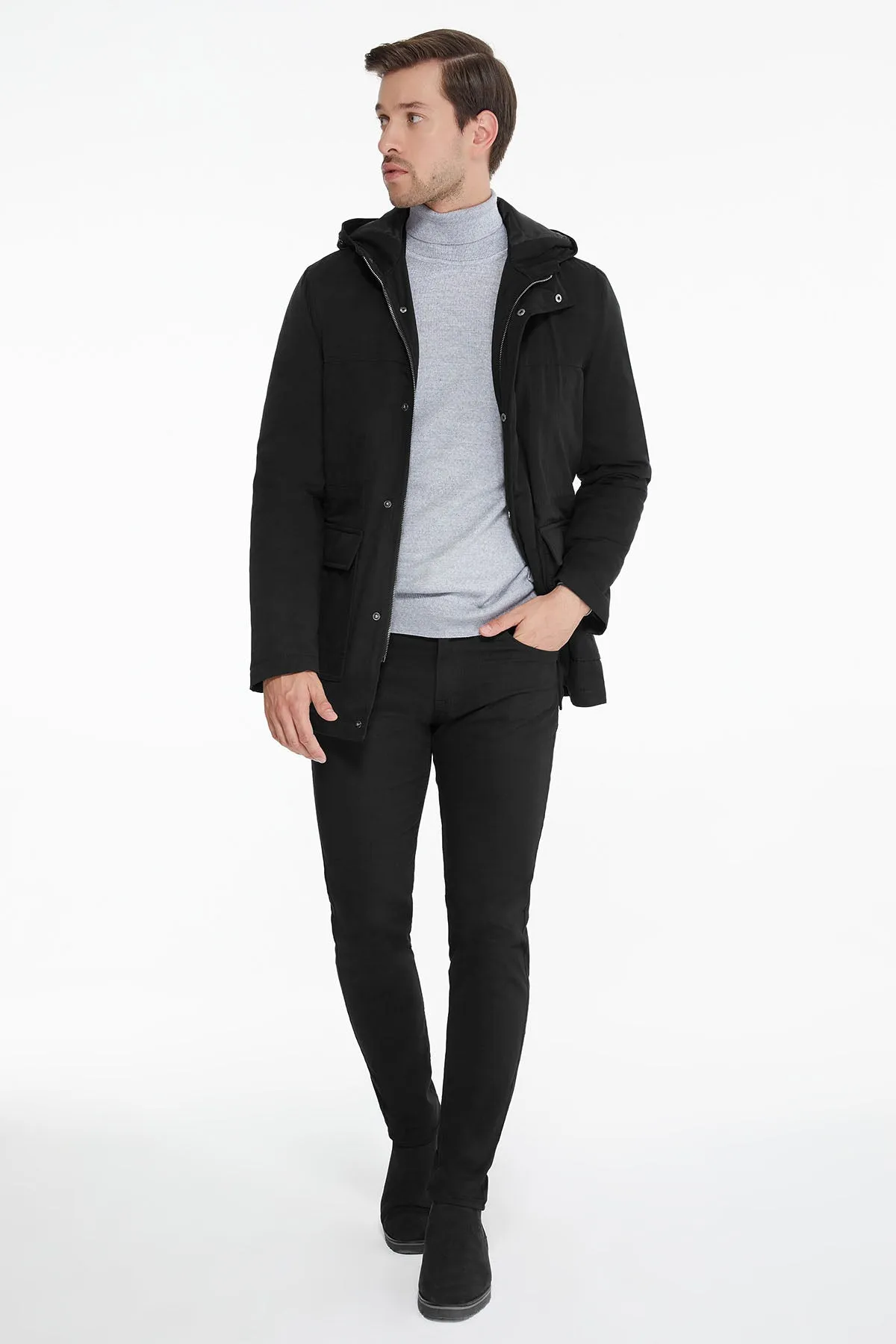Slim Fit Stand Collar Hooded Black Coat