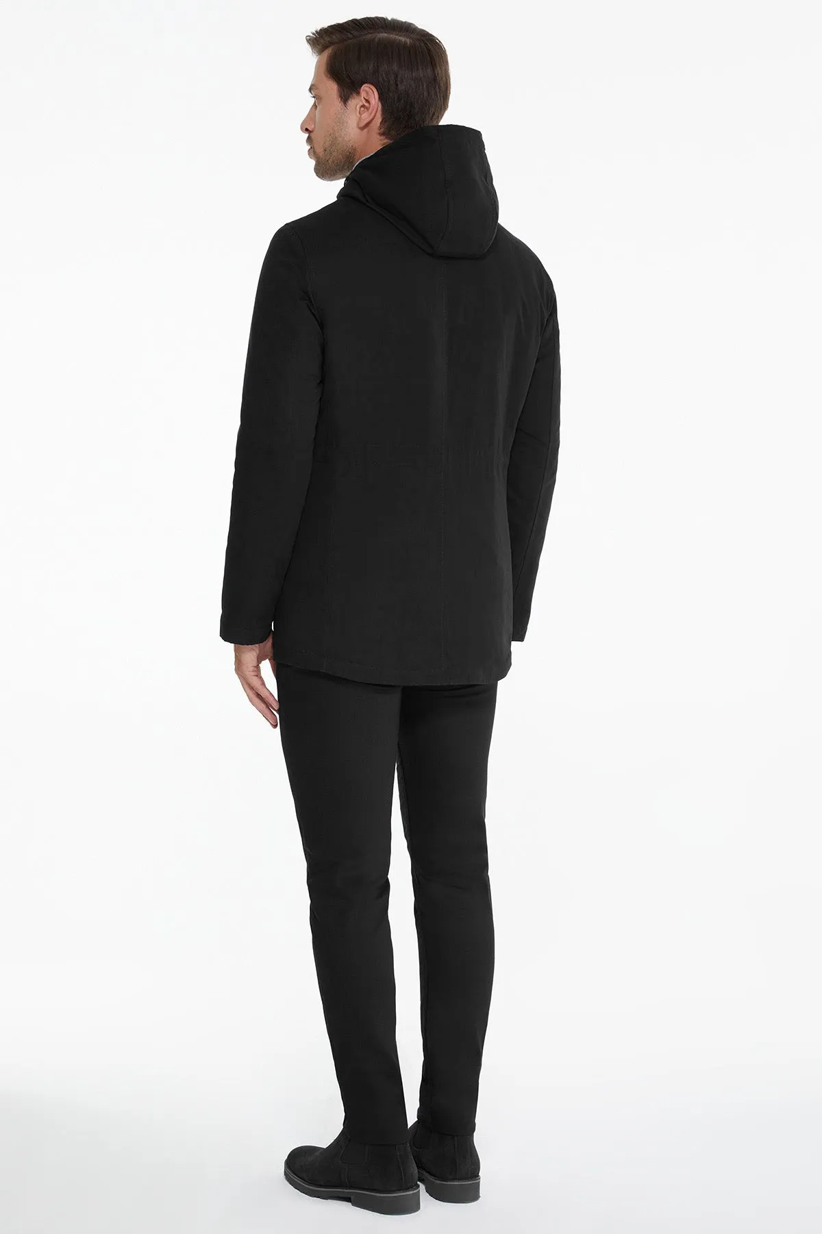 Slim Fit Stand Collar Hooded Black Coat