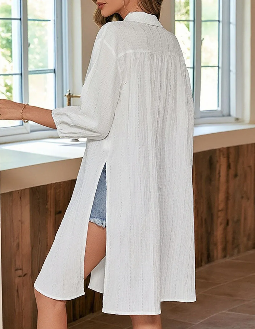 Solid-color Lapel Long Sleeve Button Front Shirt
