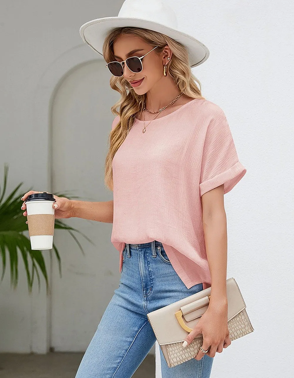 Solid-color Round Neck Loose Short Sleeve Cotton T-Shirt