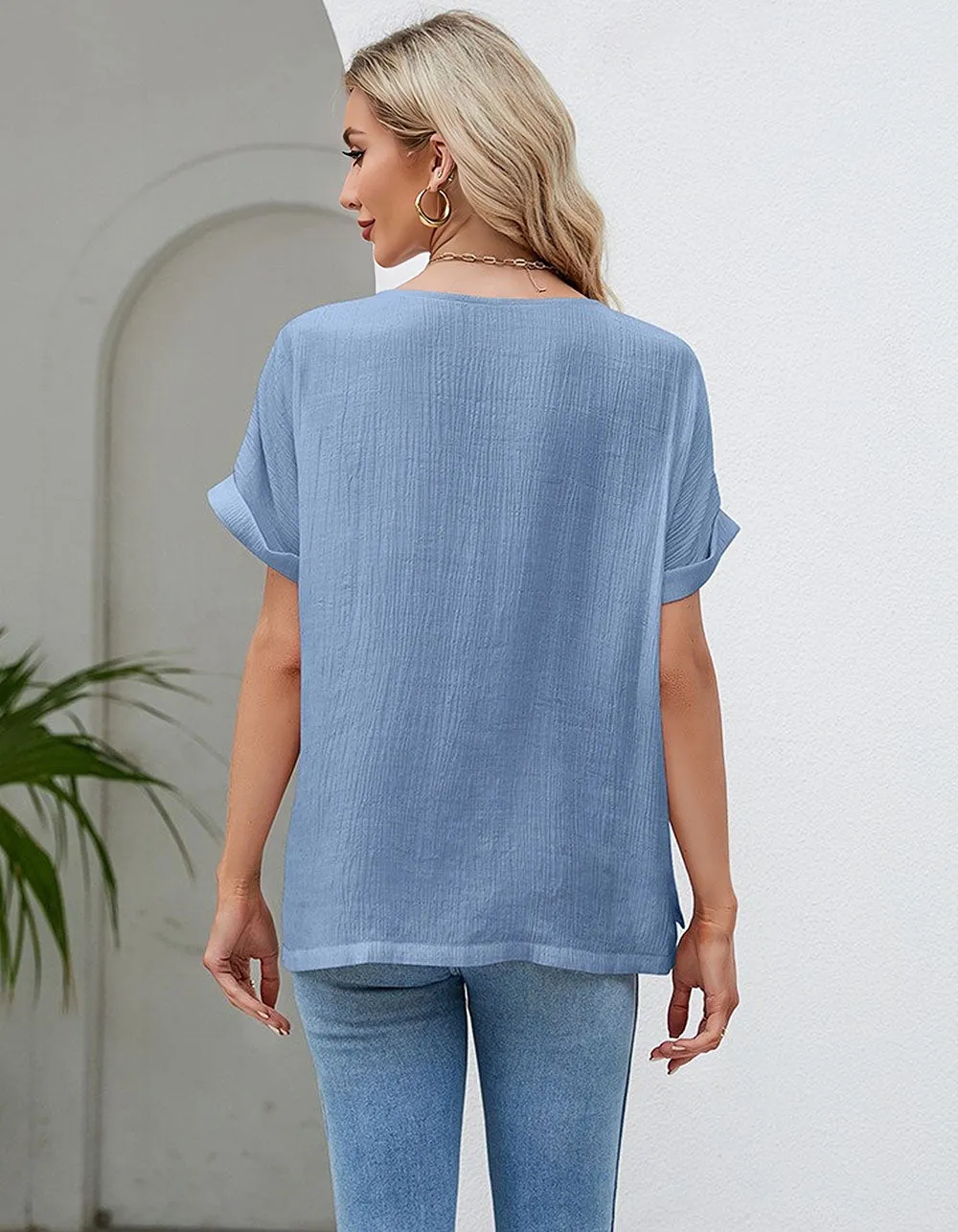 Solid-color Round Neck Loose Short Sleeve Cotton T-Shirt