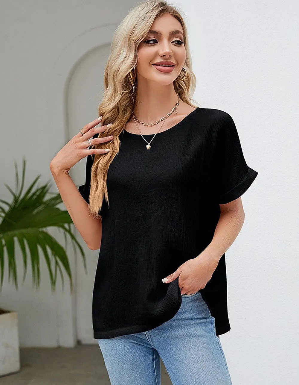 Solid-color Round Neck Loose Short Sleeve Cotton T-Shirt