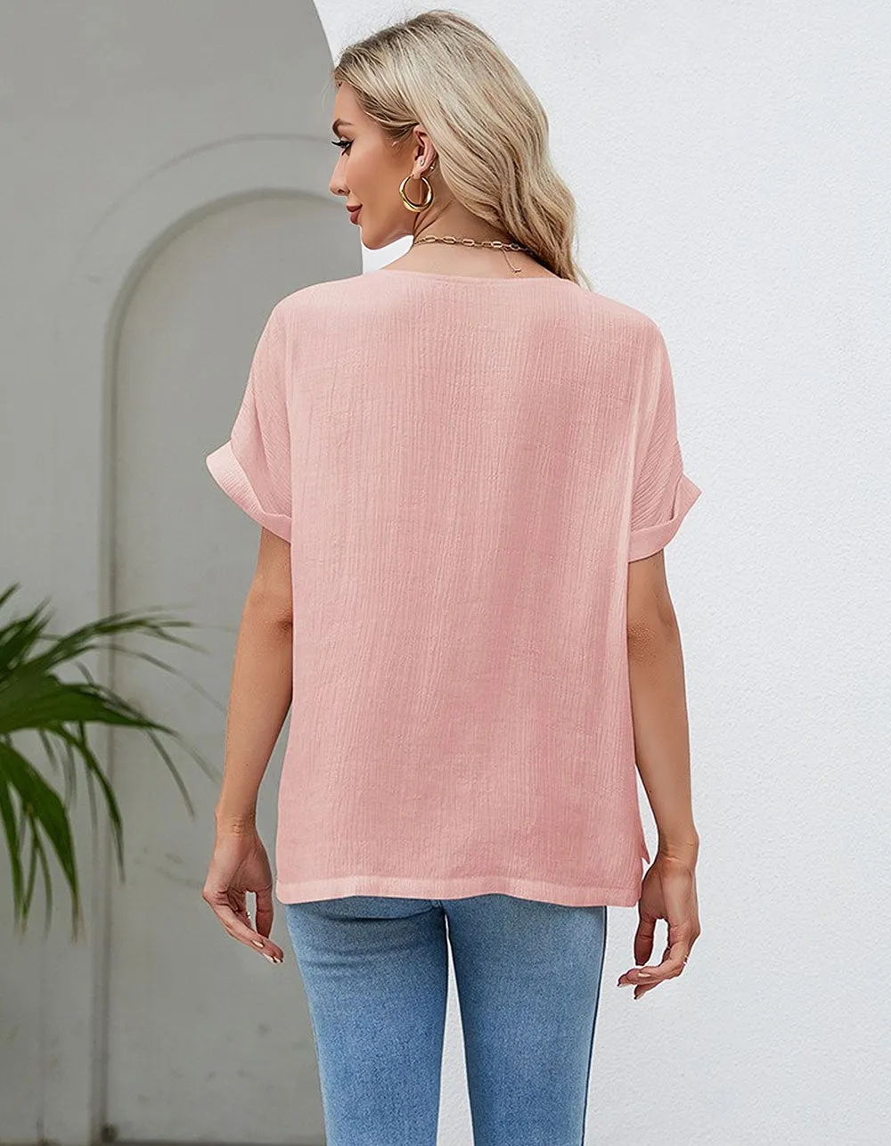 Solid-color Round Neck Loose Short Sleeve Cotton T-Shirt