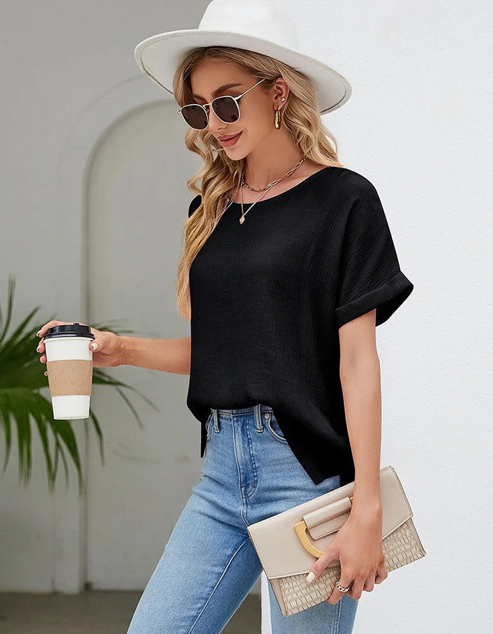 Solid-color Round Neck Loose Short Sleeve Cotton T-Shirt