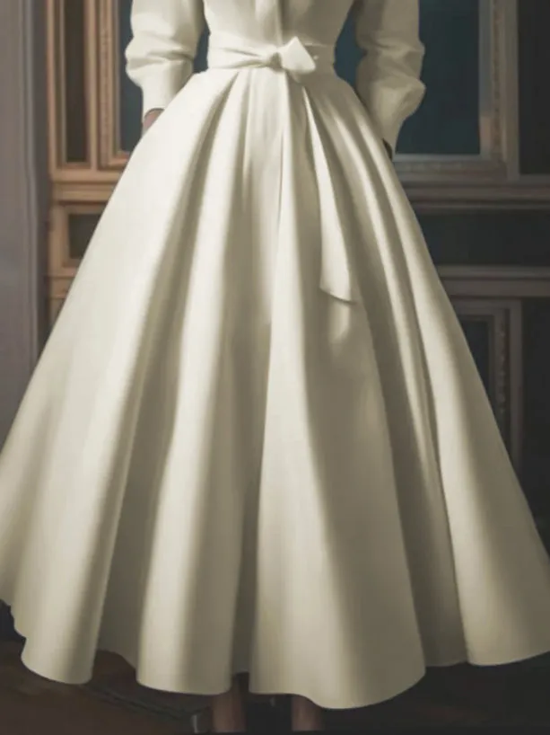 Solid Color Tied Waist Long Sleeves Loose Lapel Shirt Dress Midi Dresses
