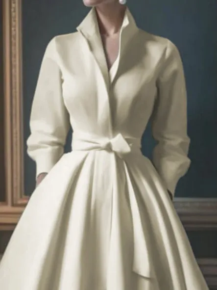 Solid Color Tied Waist Long Sleeves Loose Lapel Shirt Dress Midi Dresses