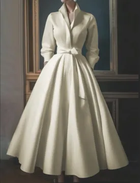 Solid Color Tied Waist Long Sleeves Loose Lapel Shirt Dress Midi Dresses