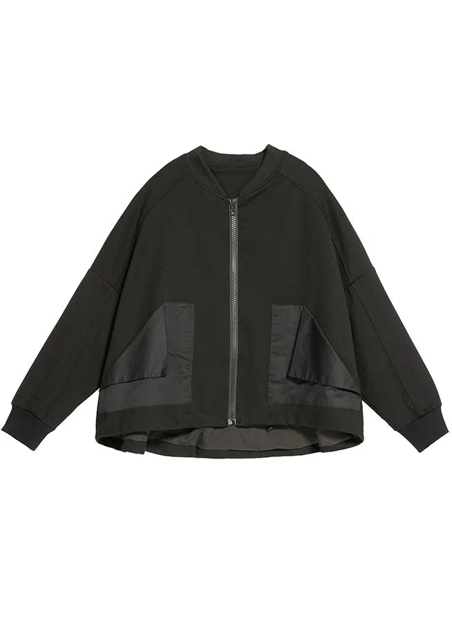 Style Black zippered Pockets Patchwork Fall Coat Long sleeve