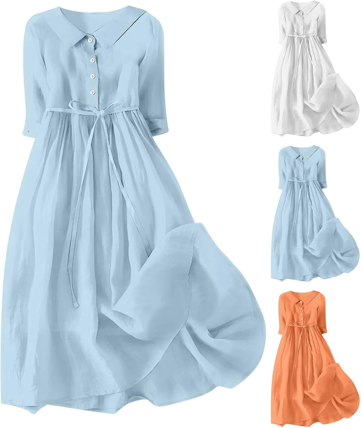 Summer Maxi Dresses Women's 2025 Plus Size Cotton Linen Dress 3/4 Sleeve Long Boho Spring Clothes Casual Resort Wears