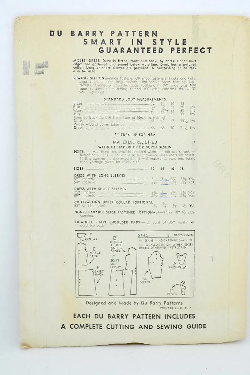 Uncut 1940s DuBarry 5680 Vintage Dress Sewing Pattern