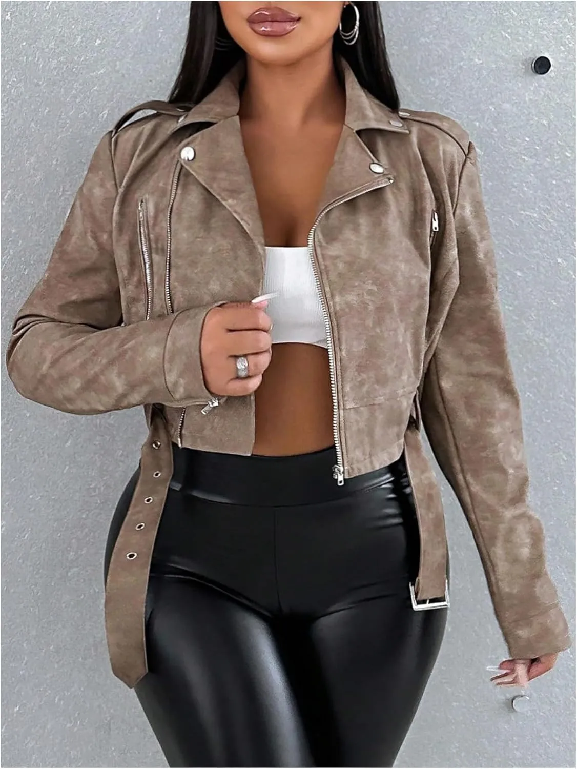 Verdusa Women's Vintage Leather Cropped Motorcycle Jacket Belted Zip Up Bomber Outerwear