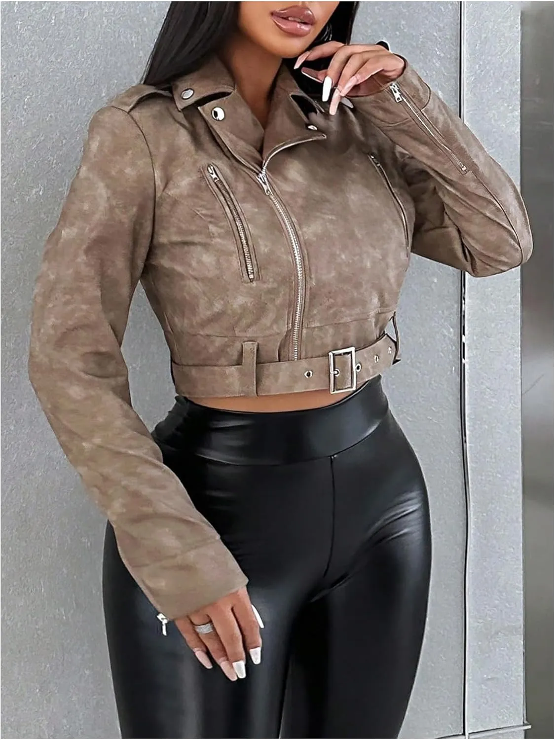Verdusa Women's Vintage Leather Cropped Motorcycle Jacket Belted Zip Up Bomber Outerwear