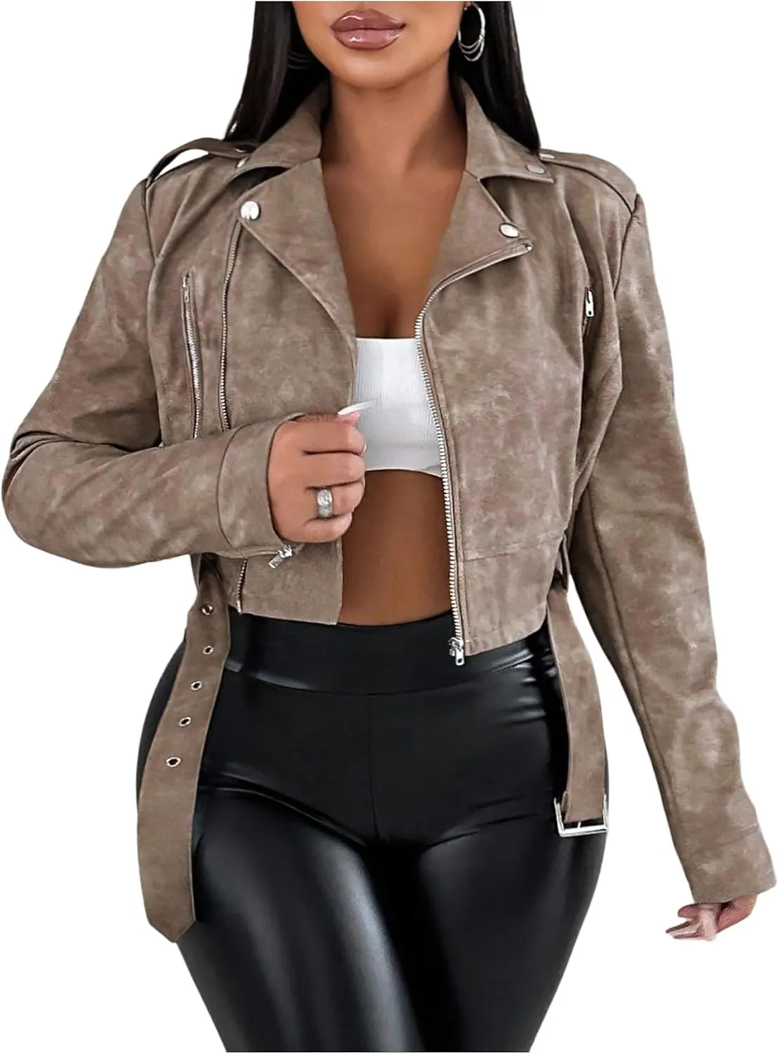 Verdusa Women's Vintage Leather Cropped Motorcycle Jacket Belted Zip Up Bomber Outerwear