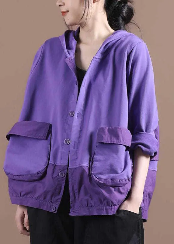 Women Black Hooded Patchwork Cotton Spring Coat