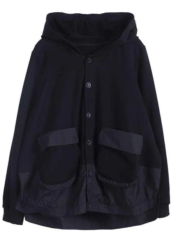 Women Black Hooded Patchwork Cotton Spring Coat
